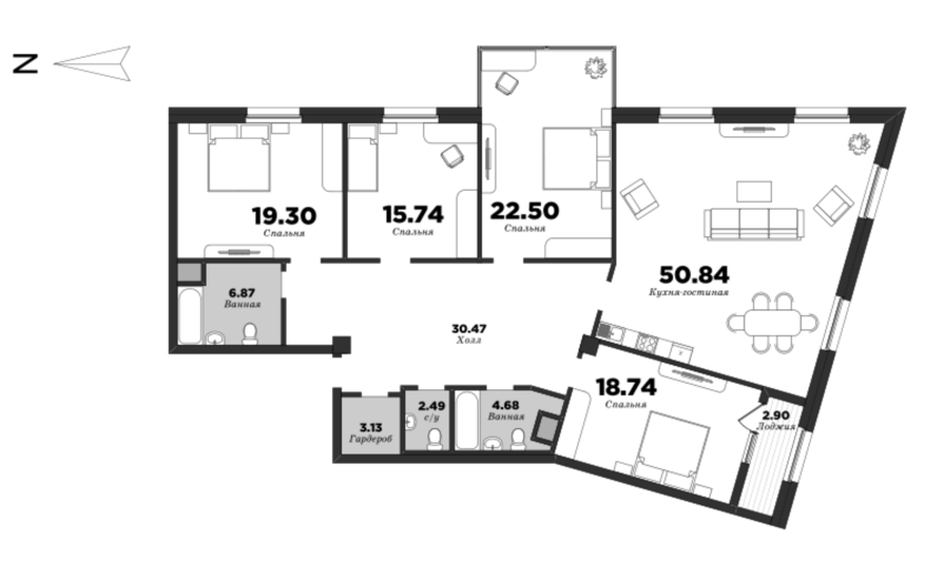 NEVA HAUS, Корпус 1, 4 спальни, 176.24 м² | планировка элитных квартир Санкт-Петербурга | М16